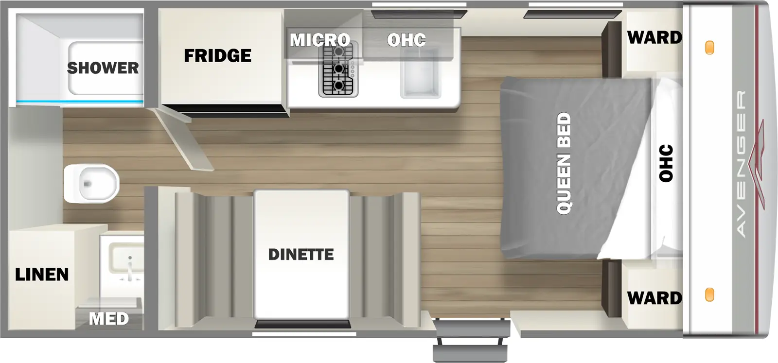 The 16FQ has zero slideouts and one entry. Interior layout front to back: foot facing queen bed with overhead cabinet and wardrobes on each side; off-door side kitchen counter with sink, overhead cabinet, cooktop, microwave, and refrigerator; door side entry, and dinette; rear full bathroom with medicine cabinet and linen closet.